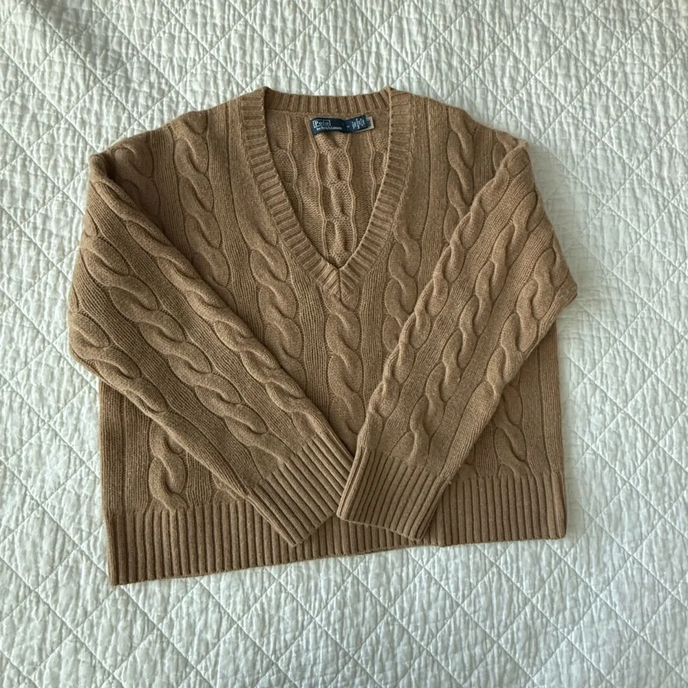 Ralph Lauren Camel V-Neck Cable Sweater - Picture 1 of 10